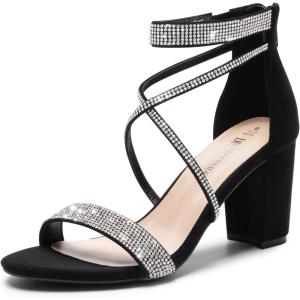 DREAM PAIRS Women’s Chunk Low Heel Pump Sandals(All Black-suede)