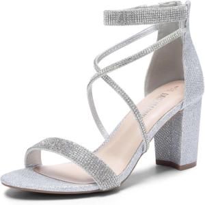 DREAM PAIRS Women’s Chunk Low Heel Pump Sandals(All Silver-glitter)