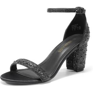 DREAM PAIRS Women’s Chunk Low Heel Pump Sandals(Black/Rhinestone)