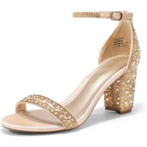 DREAM PAIRS Women’s Chunk Low Heel Pump Sandals(Gold/Rhinestone)