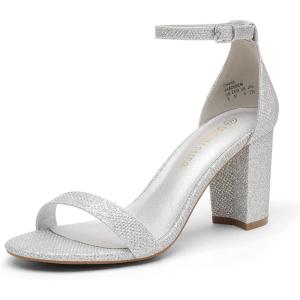 DREAM PAIRS Women’s Chunk Low Heel Pump Sandals(Silver/Glitter)