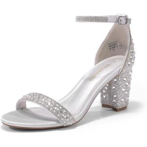 DREAM PAIRS Women’s Chunk Low Heel Pump Sandals(Silver/Rhinestone)