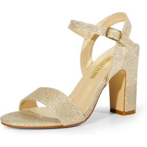 DREAM PAIRS Women’s Chunky Heels Open Toe Ankle Strap High Block Comfy Dress Heel Sandals Pumps Shoes(Gold-glitter)