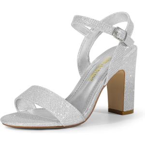 DREAM PAIRS Women’s Chunky Heels Open Toe Ankle Strap High Block Comfy Dress Heel Sandals Pumps Shoes(Silver-glitter)
