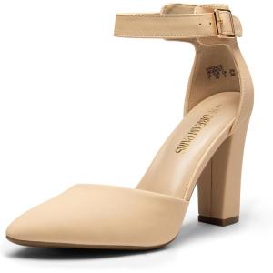 DREAM PAIRS Women’s Chunky High Heels Dress Pumps Closed Pointed Toe Block Ankle Strap Shoes for Wedding Party(Nude-nubuck)