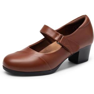 DREAM PAIRS Women’s Chunky Low Block Closed Toe Heels Mary Janes Pumps Comfortable Round Toe Dress Work Wedding Shoes(Tan-pu)