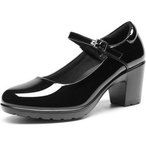 DREAM PAIRS Women’s Chunky Low Block Heels Mary Jane Closed Toe Work Pumps Comfortable Round Toe Dress Wedding Shoes EDENIA(Black-pat)