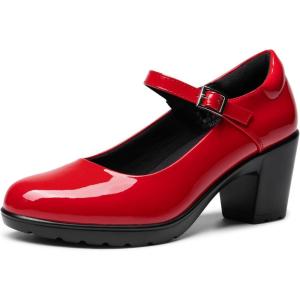 DREAM PAIRS Women’s Chunky Low Block Heels Mary Jane Closed Toe Work Pumps Comfortable Round Toe Dress Wedding Shoes EDENIA(Red-pat)