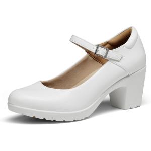 DREAM PAIRS Women’s Chunky Low Block Heels Mary Jane Closed Toe Work Pumps Comfortable Round Toe Dress Wedding Shoes EDENIA(White)