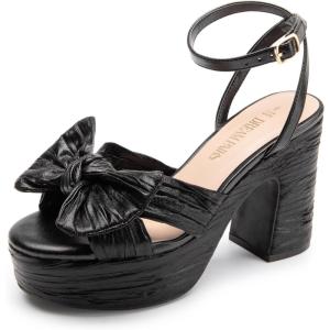 DREAM PAIRS Women’s Chunky Platform Heels Sandals Pleated Bow Knot Ankle Buckle Strap Heeled Sandals Open Toe Comfortable Wedding Party Dress Shoes(Black)