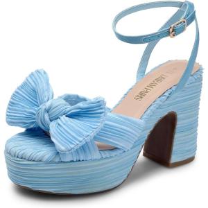 DREAM PAIRS Women’s Chunky Platform Heels Sandals Pleated Bow Knot Ankle Buckle Strap Heeled Sandals Open Toe Comfortable Wedding Party Dress Shoes(Blue)