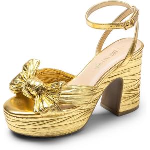 DREAM PAIRS Women’s Chunky Platform Heels Sandals Pleated Bow Knot Ankle Buckle Strap Heeled Sandals Open Toe Comfortable Wedding Party Dress Shoes(Gold)