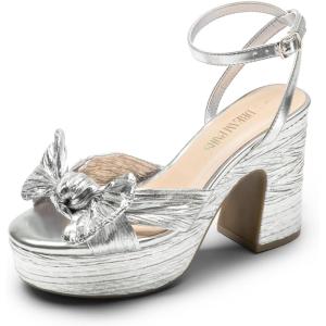 DREAM PAIRS Women’s Chunky Platform Heels Sandals Pleated Bow Knot Ankle Buckle Strap Heeled Sandals Open Toe Comfortable Wedding Party Dress Shoes(Silver)