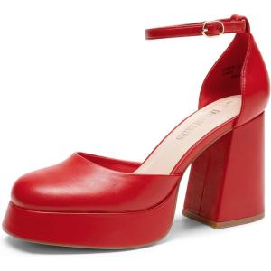 DREAM PAIRS Women’s Chunky Platform High Heels Closed Toe Block Ankle Strap Dress Wedding Party Pumps Shoes(Red-pu)