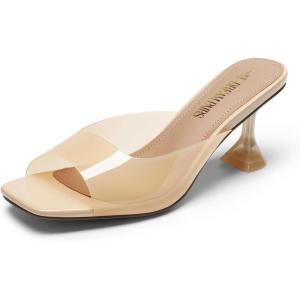 DREAM PAIRS Women’s Clear Heeled Sandals Square Toe Transparent Stiletto Mules Slip on Wedding Dress Shoes(All Nude-clear)