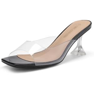 DREAM PAIRS Women’s Clear Heeled Sandals Square Toe Transparent Stiletto Mules Slip on Wedding Dress Shoes(Black/Clear)