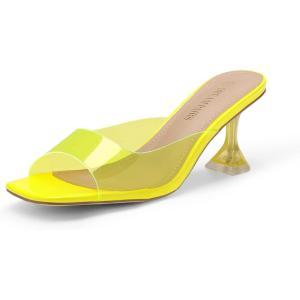 DREAM PAIRS Women’s Clear Heeled Sandals Square Toe Transparent Stiletto Mules Slip on Wedding Dress Shoes(Neon Yellow/Clear)