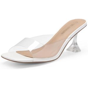 DREAM PAIRS Women’s Clear Heeled Sandals Square Toe Transparent Stiletto Mules Slip on Wedding Dress Shoes(White/Clear)