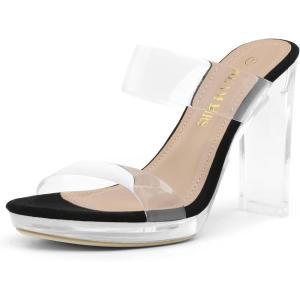 DREAM PAIRS Women’s Clear Two Strap Open Toe High Block Chunky Slip on Dress Heel Sandals(Black/Clear)