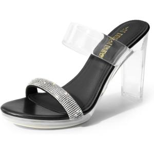 DREAM PAIRS Women’s Clear Two Strap Open Toe High Block Chunky Slip on Dress Heel Sandals(Black-rhinestone)