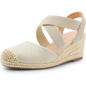DREAM PAIRS Womens Close Toe Espadrilles Platform Slip on Elastic Criss Cross Straps Dressy Wedges Sandals(Beige)