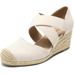 DREAM PAIRS Womens Close Toe Espadrilles Platform Slip on Elastic Criss Cross Straps Dressy Wedges Sandals(Linen)