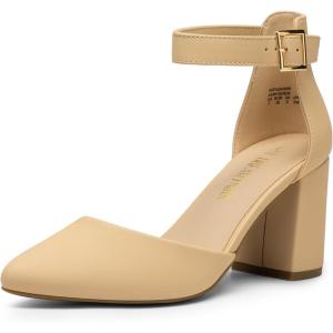 DREAM PAIRS Women’s Closed Pointed Toe High Chunky Heels Pumps Ankle Strap Dress Shoes for Wedding Office Party, 3 Inches(Nude-nubuck)