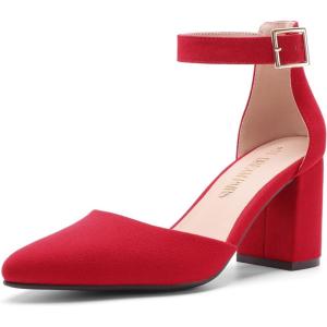 DREAM PAIRS Women’s Closed Pointed Toe High Chunky Heels Pumps Ankle Strap Dress Shoes for Wedding Office Party, 3 Inches(Red)