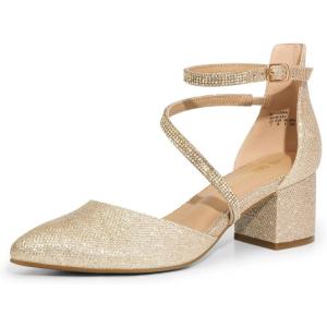 DREAM PAIRS Women’s Closed Pointed Toe Low Chunky Heels Pumps Ankle Strap Wedding Business Dressy Shoes(Gold)