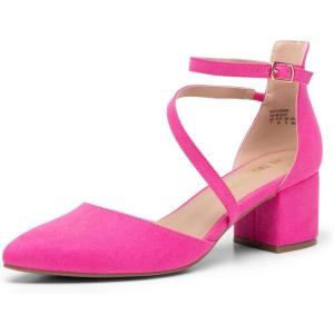 DREAM PAIRS Women’s Closed Pointed Toe Low Chunky Heels Pumps Ankle Strap Wedding Business Dressy Shoes(Hot Pink-suede)