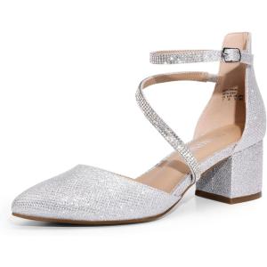DREAM PAIRS Women’s Closed Pointed Toe Low Chunky Heels Pumps Ankle Strap Wedding Business Dressy Shoes(Silver)