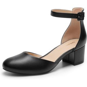 DREAM PAIRS Women’s Closed Round Toe Low Block Heels Ankle Strap Chunky Heel Pumps Dress Wedding Office Party Shoes(Black-pu)