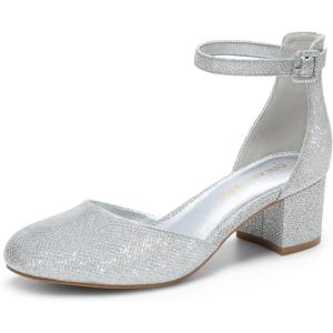 DREAM PAIRS Women’s Closed Round Toe Low Block Heels Ankle Strap Chunky Heel Pumps Dress Wedding Office Party Shoes(Silver)