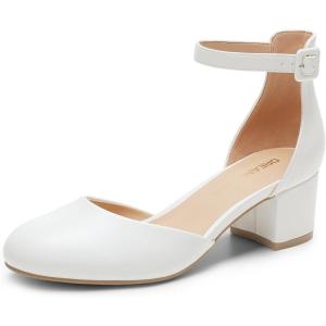 DREAM PAIRS Women’s Closed Round Toe Low Block Heels Ankle Strap Chunky Heel Pumps Dress Wedding Office Party Shoes(White)