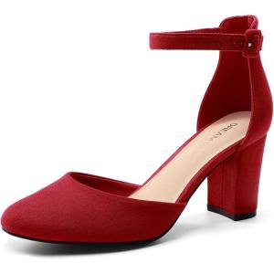 DREAM PAIRS Women’s Closed Toe Chunky Heels Ankle Strap Low Block Heels Round Toe Dress Bridal Wedding Pumps Shoes(Red)