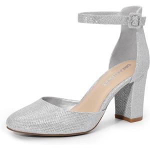 DREAM PAIRS Women’s Closed Toe Chunky Heels Ankle Strap Low Block Heels Round Toe Dress Bridal Wedding Pumps Shoes(Silver-glitter)