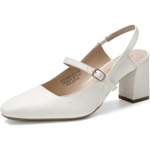 DREAM PAIRS Women’s Closed Toe Chunky High Heels Mary Jane Block Square Toe Slingback Strappy Dress Work Pumps Shoes(White-pu)