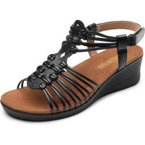 DREAM PAIRS Women’s Comfortable Strappy Low Heel Open Toe Slip-On Wedge Sandals Arch Support for Summer Dressy Shoes(Black)