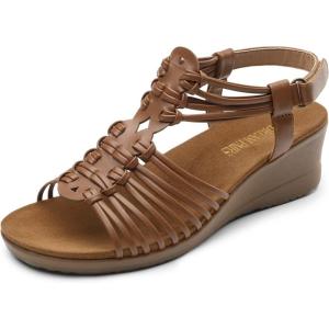 DREAM PAIRS Women’s Comfortable Strappy Low Heel Open Toe Slip-On Wedge Sandals Arch Support for Summer Dressy Shoes(Brown)