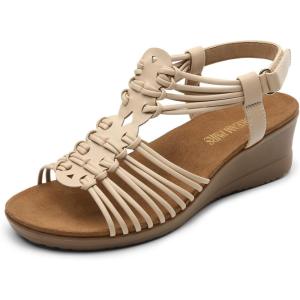 DREAM PAIRS Women’s Comfortable Strappy Low Heel Open Toe Slip-On Wedge Sandals Arch Support for Summer Dressy Shoes(Nude)