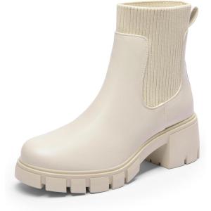 DREAM PAIRS Women’s Elastic Chelsea Ankle Boots Fashion Low Chunky Heel Platform Lug Sole Short Booties Shoes(Beige)