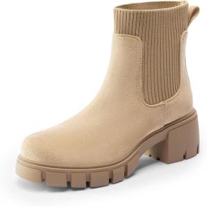 DREAM PAIRS Women’s Elastic Chelsea Ankle Boots Fashion Low Chunky Heel Platform Lug Sole Short Booties Shoes(Nude-suede)