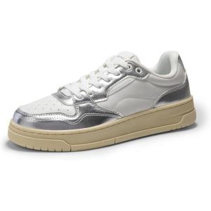 DREAM PAIRS Women’s Fashion Walking Skateboard Court Sneakers Comfortable Low-Top Lace-Up Non-Slip Retro Vintage Casual Classic Athletic Shoes(White/Silver)