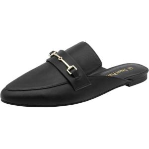 DREAM PAIRS Women’s Flat Mules Buckle Pointed Toe Backless Slip on Slides Loafer Shoes(Black/Pu)