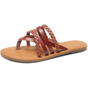 DREAM PAIRS Women’s Flip Flops Round Toe Multi Strap lightweight Summer Beach Flat Casual Thong Sandals(Brown)