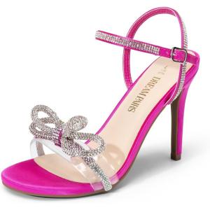DREAM PAIRS Women’s Heels Round Toe Rhinestone Double Bowknots Sparkly Stilettos Heeled Sandals Shoes for Party Evening(Hot Pink-satin)