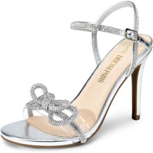 DREAM PAIRS Women’s Heels Round Toe Rhinestone Double Bowknots Sparkly Stilettos Heeled Sandals Shoes for Party Evening(Silver-pu)