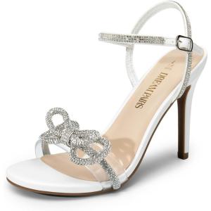 DREAM PAIRS Women’s Heels Round Toe Rhinestone Double Bowknots Sparkly Stilettos Heeled Sandals Shoes for Party Evening(White-pu)
