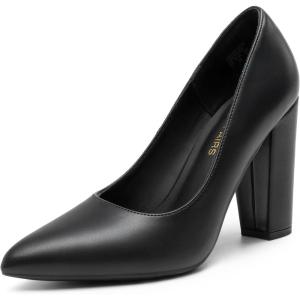 DREAM PAIRS Women’s High Chunky Block Heels Closed Pointed Toe Slip on Women Pumps Wedding Party Work Comfortable Dress Shoes for Women(Black-pu)