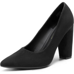 DREAM PAIRS Women’s High Chunky Block Heels Closed Pointed Toe Slip on Women Pumps Wedding Party Work Comfortable Dress Shoes for Women(Black-suede)